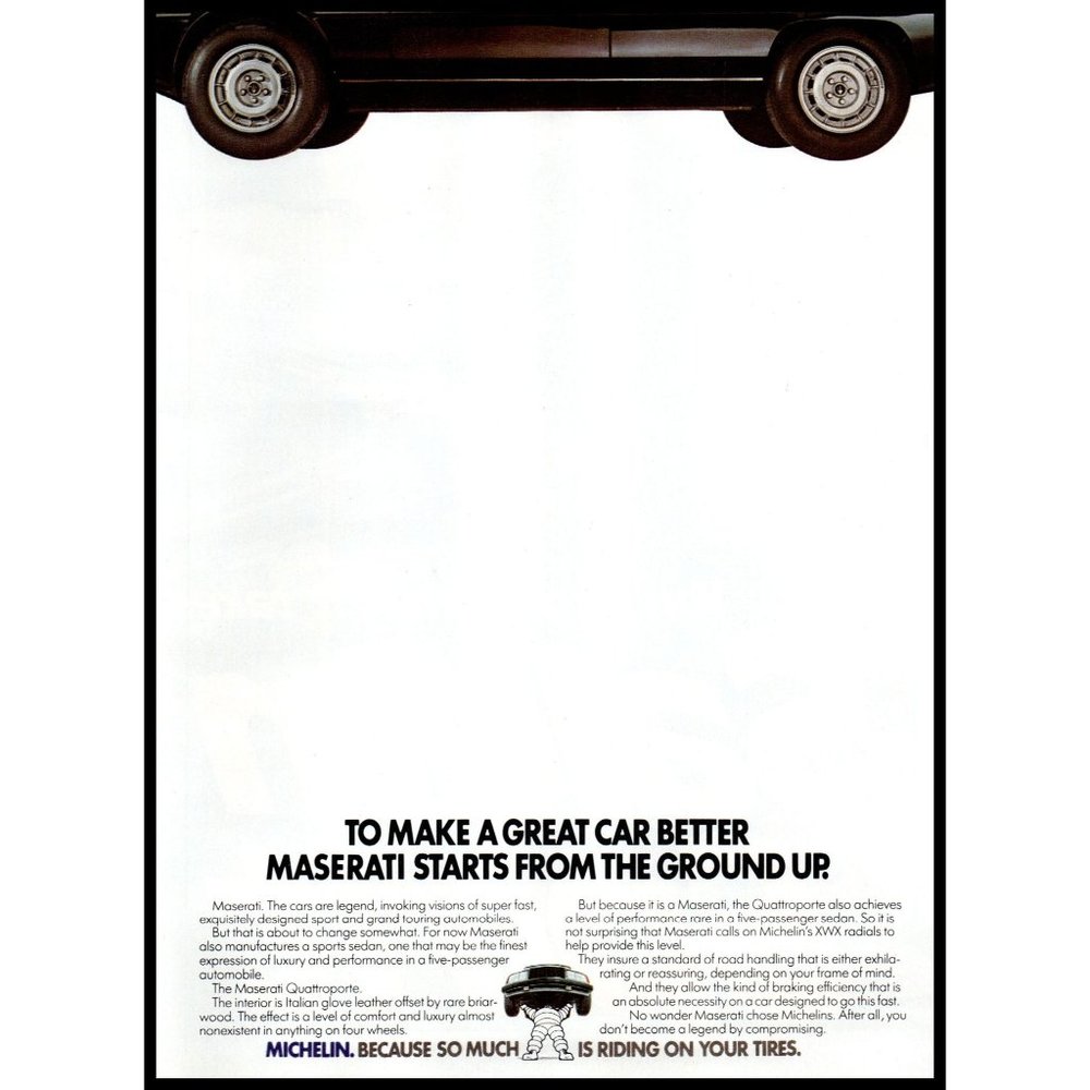 1984 Michelin Tires Vintage Print Ad Mazerati Italian Car Ground Up Wall Art